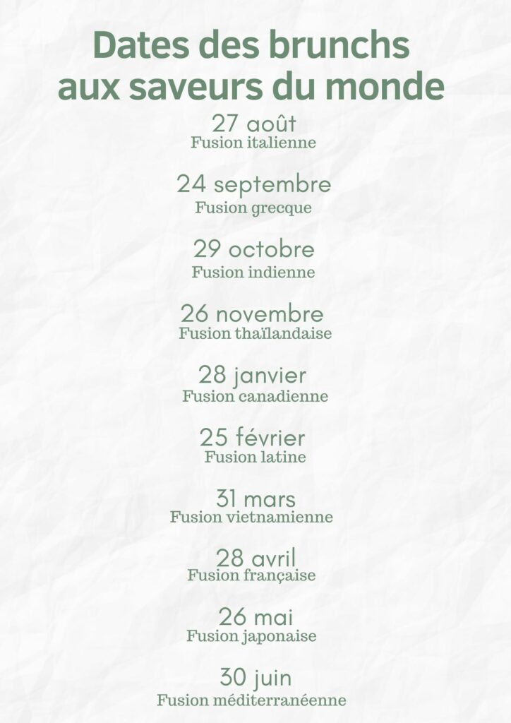 Dates des brunchs globetrotteur (=brunch aux saveurs du monde) à retrouver au café Louisana à Lyon 7ème