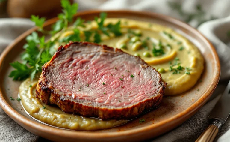 Une tranche de gigot d’agneau rôtie accompagne une purée de pois cassés crémeuse, décorée d’herbes fraîches sur une assiette rustique.
