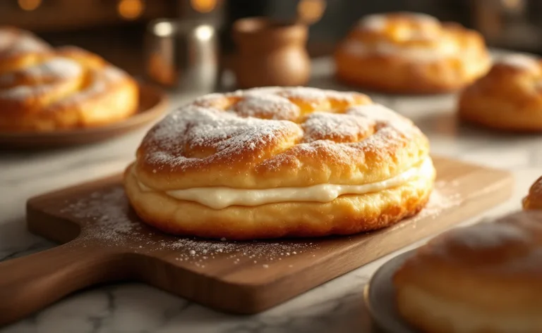 Un beignet lyonnais soigneusement disposé dans une vitrine de pâtisserie.