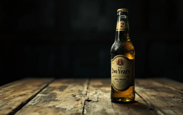Bouteille de bière poussiéreuse posée sur une table en bois usée, avec étiquette fanée et gouttes de condensation sous lumière fluorescente.