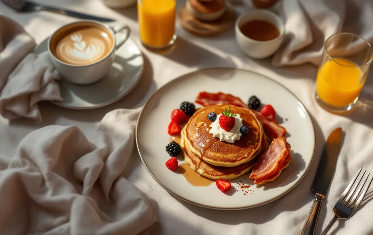 Brunch élégant disposé sur une table, illuminé par un éclairage doux.