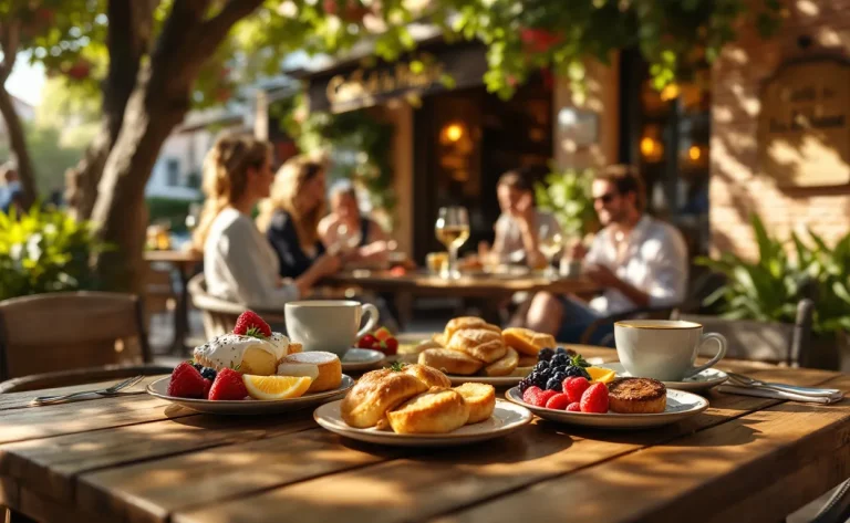 Terrasse de café à Toulon avec des assiettes de brunch, des pâtisseries et des fruits sous des arbres, baignée de lumière chaleureuse.