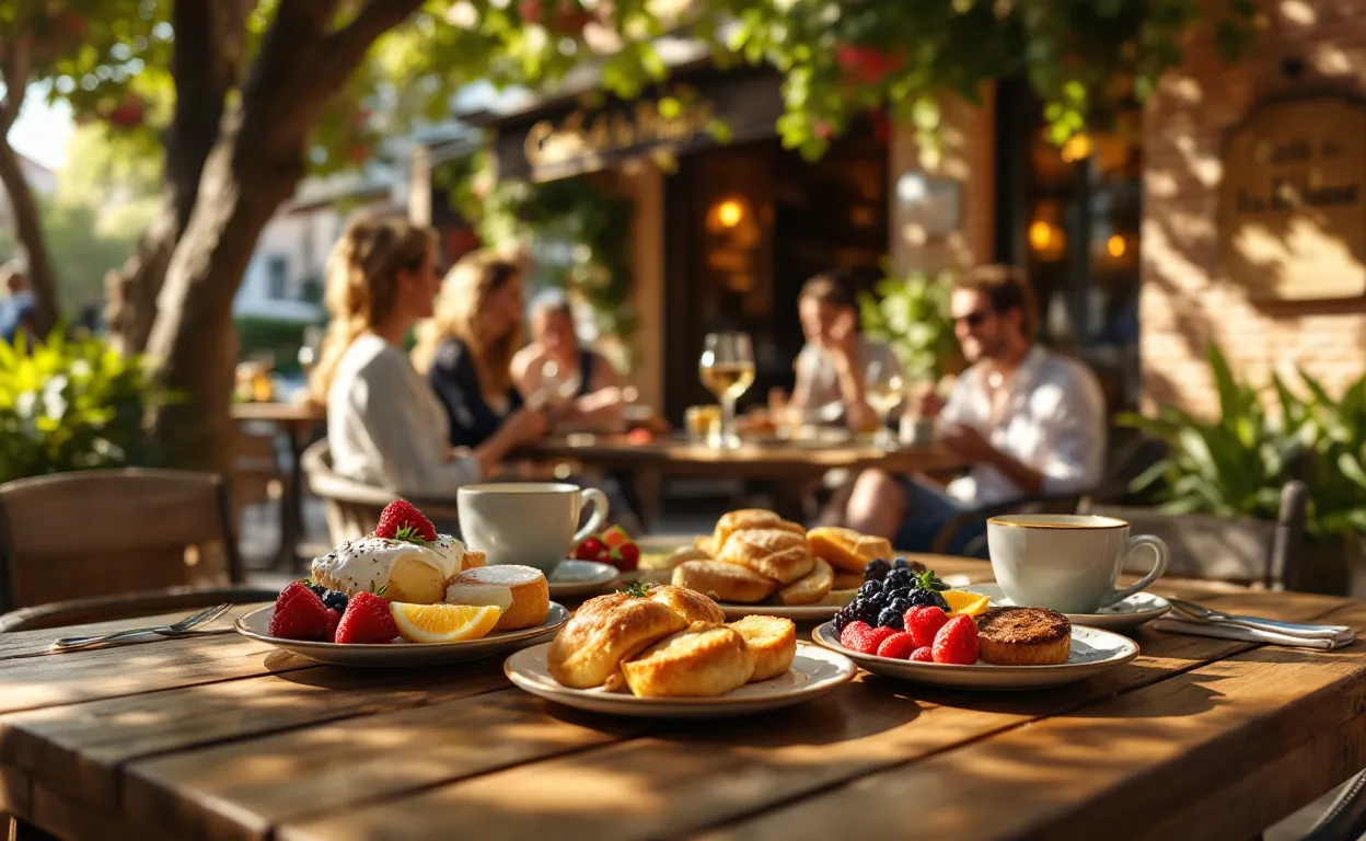 Terrasse de café à Toulon avec des assiettes de brunch, des pâtisseries et des fruits sous des arbres, baignée de lumière chaleureuse.