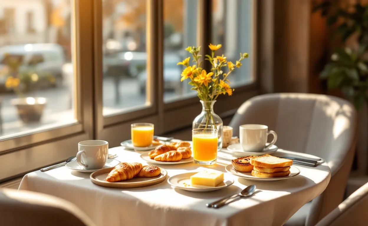 Table de café à Limoges dressée pour un brunch avec viennoiseries, jus d’orange et tasses en céramique sous la lumière du jour.