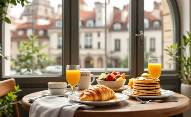 Brunch lyonnais servi sous une lumière douce, mettant en avant des plats savoureux et colorés.