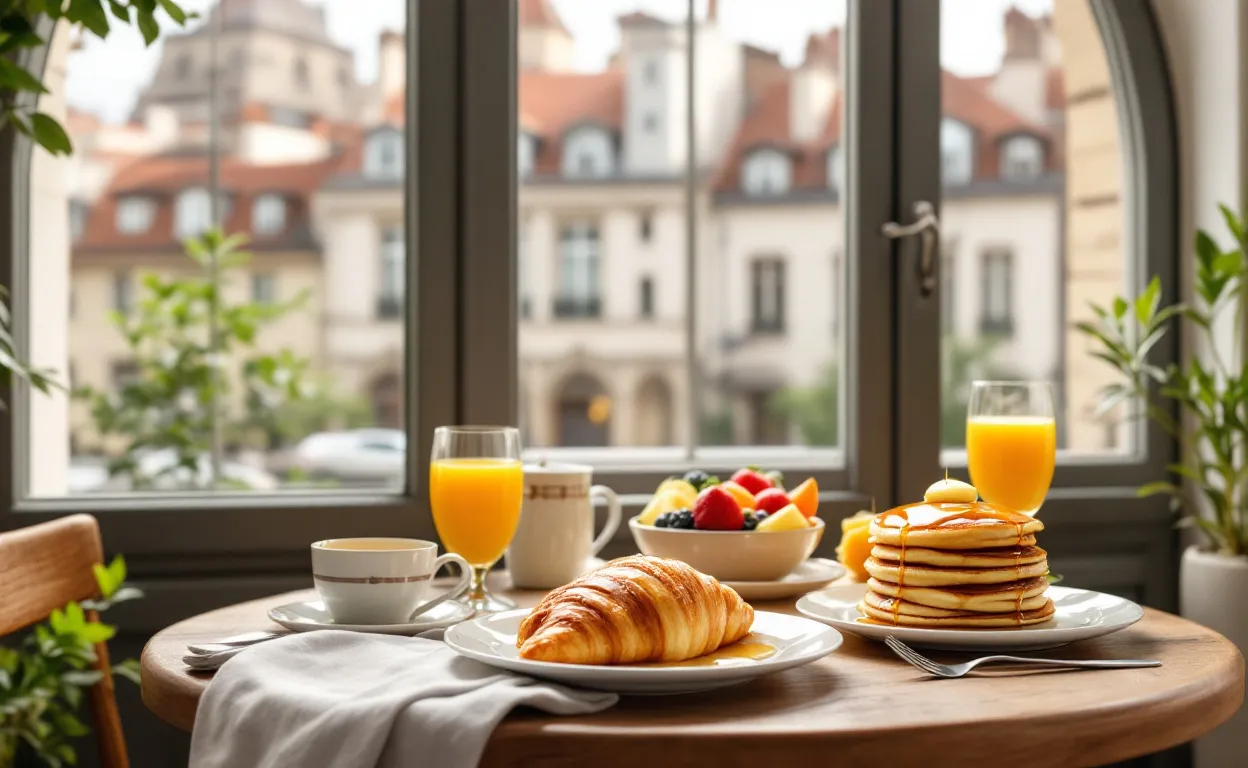 Brunch lyonnais servi sous une lumière douce, mettant en avant des plats savoureux et colorés.