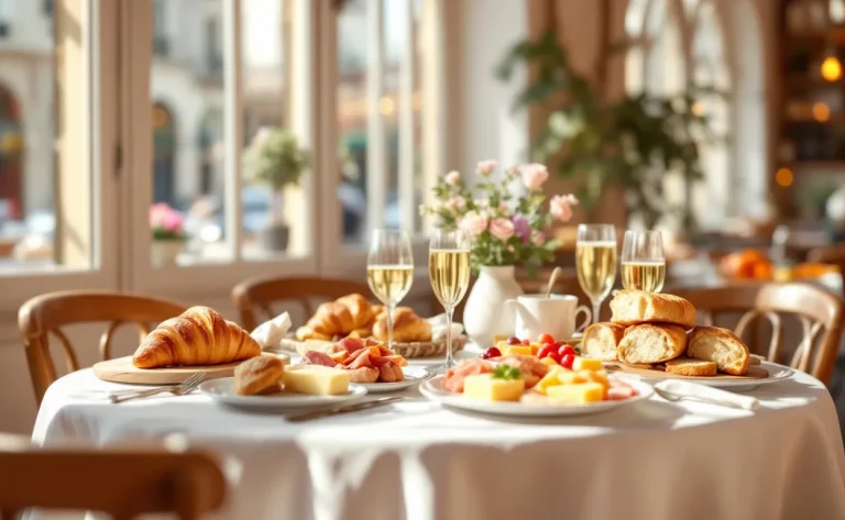 Brunch élégant à Lyon avec des mets variés, fruits frais et boissons raffinées.