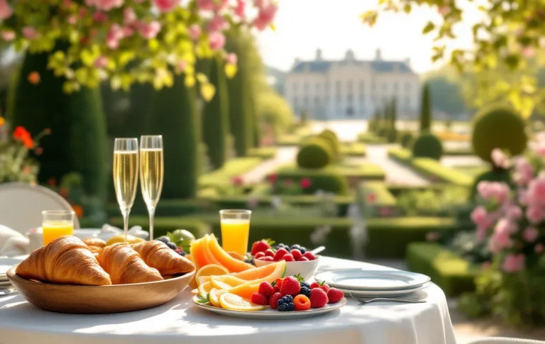 Table de brunch élégante en plein air près du château de Versailles, avec croissants, fruits, verres scintillants et jardins verdoyants sous la lumière du matin.