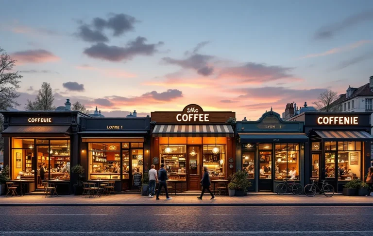 Cafés lyonnais illuminés au crépuscule, créant une atmosphère chaleureuse et conviviale.