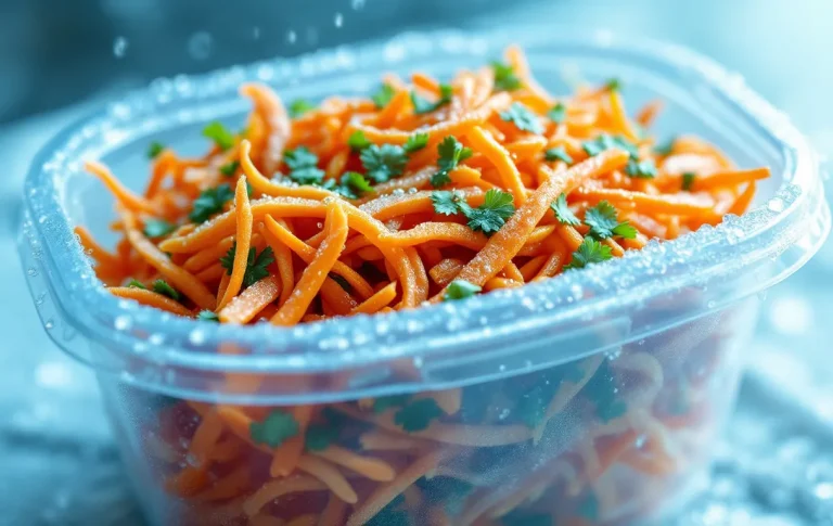 Carottes râpées assaisonnées dans une boîte hermétique givrée avec gouttes de condensation sur le couvercle.