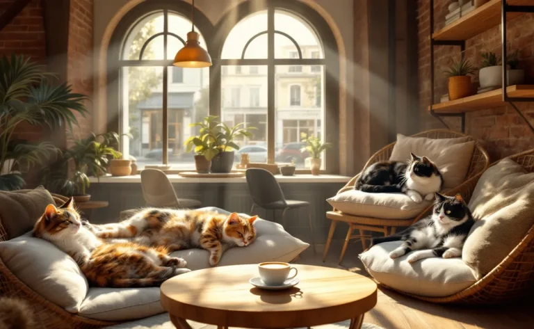 Intérieur d’un café lyonnais élégant avec un latte sur la table, des chats détendus sur des coussins et des étagères, baigné de lumière naturelle.