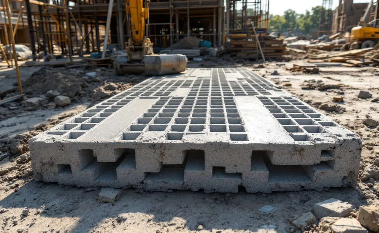 Dalle en béton précontraint à âme creuse posée sur un chantier, section transversale exposant la structure interne alvéolée sous la lumière du soleil.