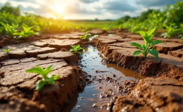 Sol argileux craquelé et boueux avec des plantes vertes en difficulté, des flaques d’eau et un rayon de soleil perçant les nuages.