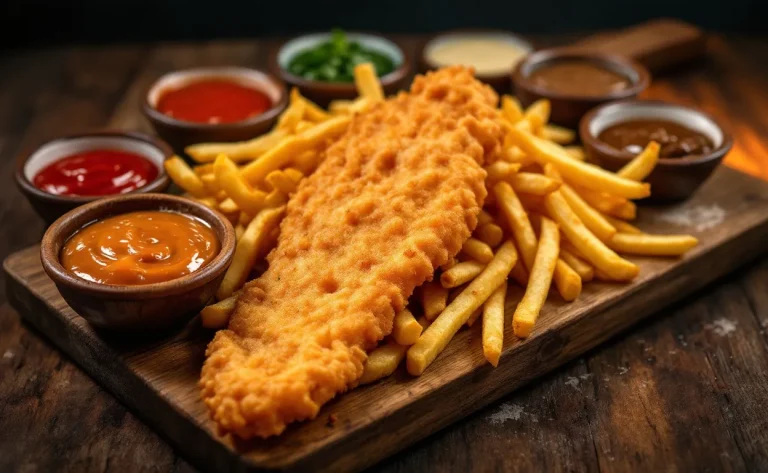 Assiette de poisson pané doré avec des frites épaisses sur une planche en bois, entourée de sept coupelles de sauces colorées sous une lumière chaleureuse de pub.