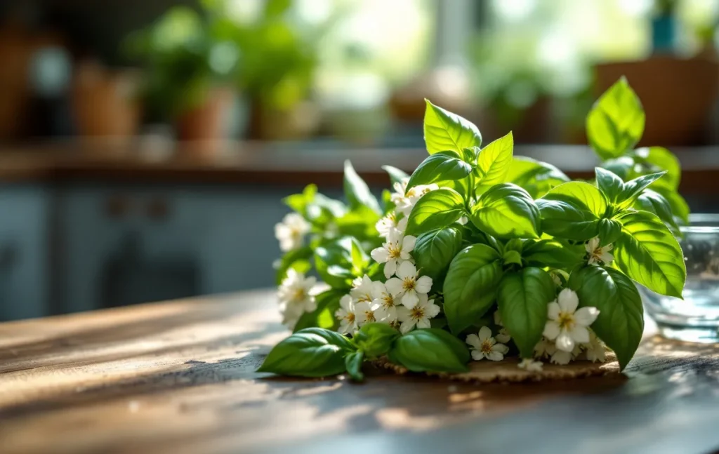 Fleurs de basilic épanouies et feuilles fraîches posées sur une table en bois près d’un petit bol transparent à la lumière du jour.