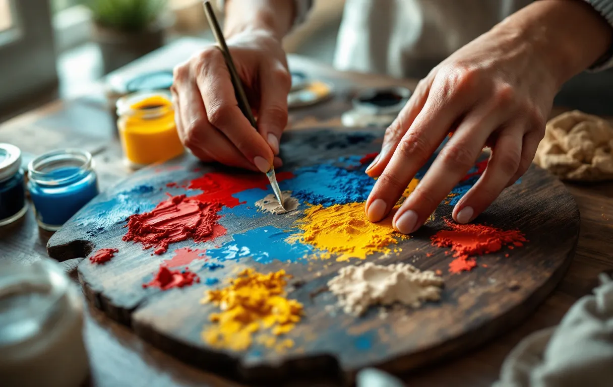 Des mains mélangent de la peinture rouge, bleue et jaune sur une palette en bois pour obtenir une teinte beige, entourées de pots de couleurs primaires sous une lumière naturelle douce.