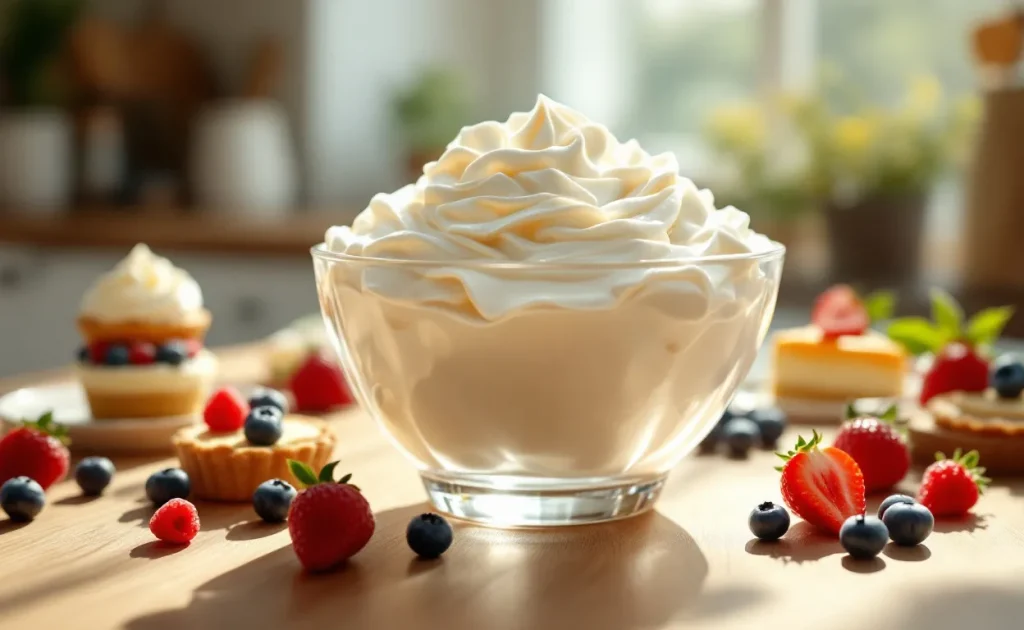Un bol en verre rempli de crème fouettée est entouré de petits desserts raffinés et de baies mûres sur un plan de travail ensoleillé.