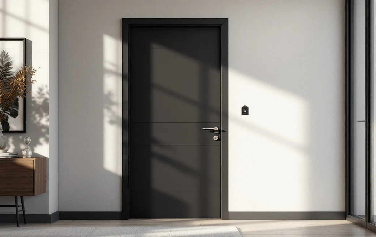 Porte d’entrée K-Line moderne dans un vestibule élégant, un pictogramme de prix placé à côté, sous une douce lumière naturelle.