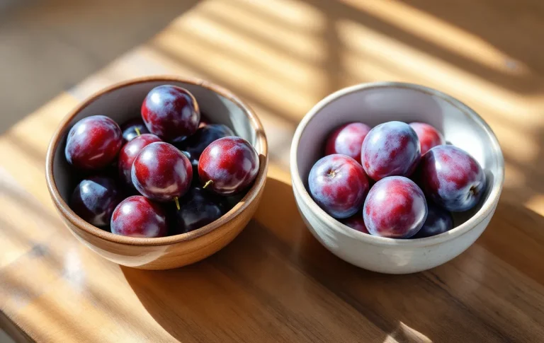 Deux bols côte à côte sur une table en bois contiennent des prunes d’Ente foncées et des quetsches allongées de couleur violette, éclairées par la lumière du jour.