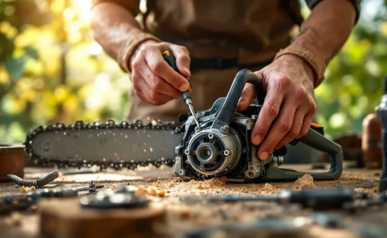 Une personne ajuste avec précaution les vis du carburateur d’une tronçonneuse à l’aide d’un tournevis plat sur un établi en bois extérieur, entourée de sciure sous une lumière naturelle.