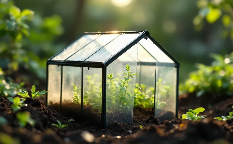 Une mini-serre partiellement enterrée dans un jardin, couverte de buée sous une lumière matinale diffuse, entourée de terre et de végétation douce.