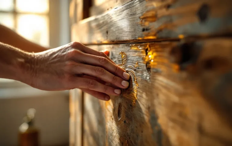 Une personne applique doucement de l’huile naturelle sur un vieux meuble en bois troué par des vrillettes, baigné de lumière naturelle.