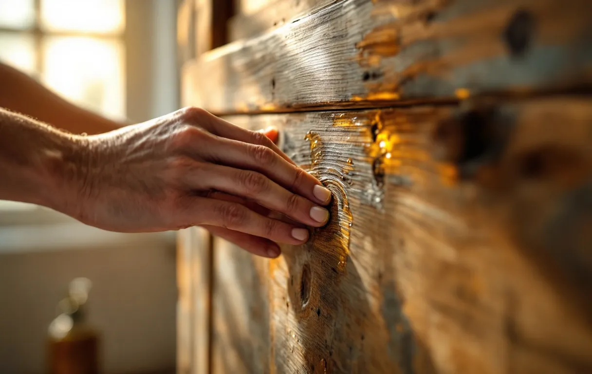 Une personne applique doucement de l’huile naturelle sur un vieux meuble en bois troué par des vrillettes, baigné de lumière naturelle.