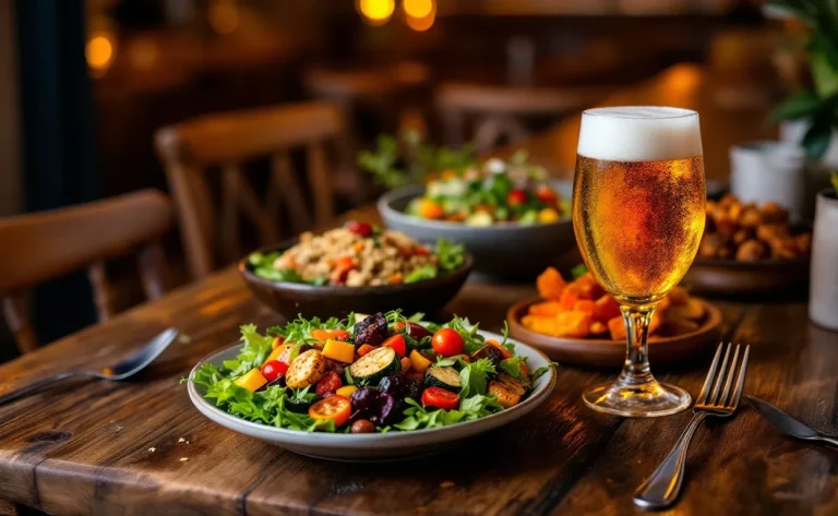 Un bistrot végétalien animé à Lyon présente des plats colorés à base de plantes sur une table en bois rustique, accompagnés d'un verre de bière artisanale sous une lumière chaleureuse.