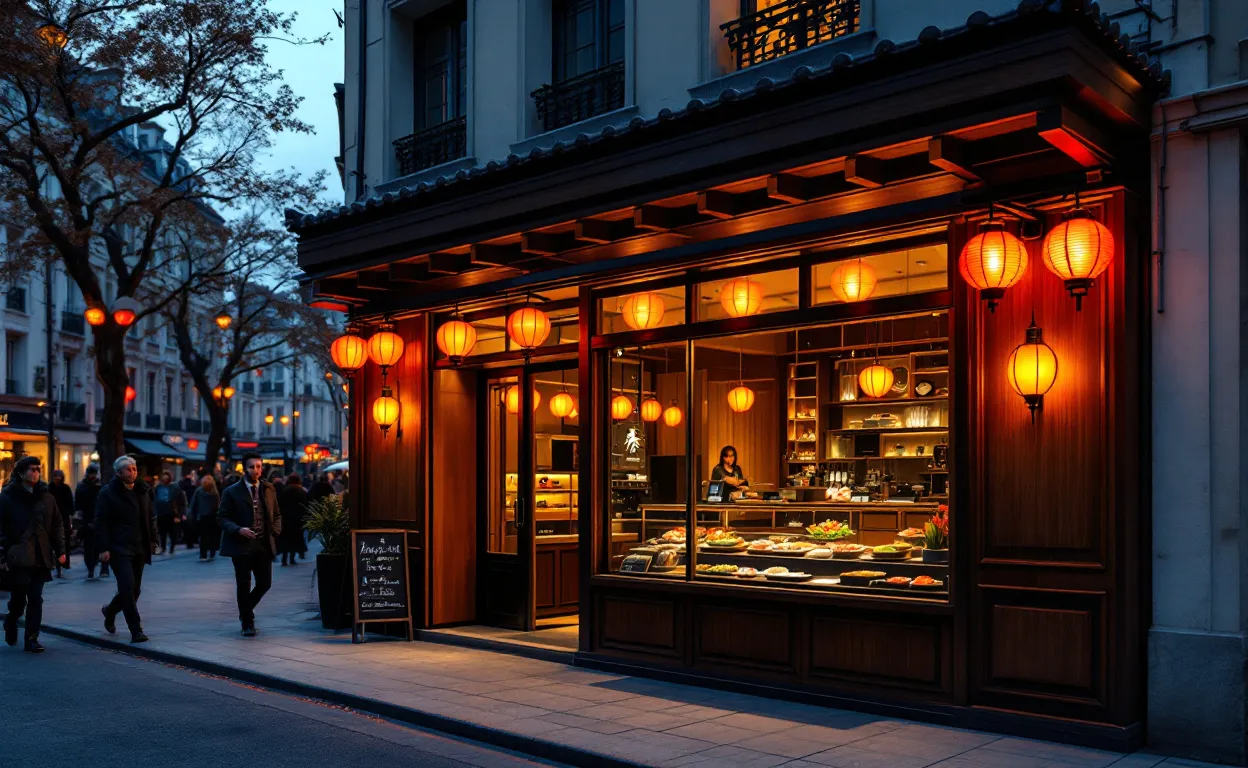 Devanture réaliste d'un restaurant japonais moderne à Lyon 8e, lanternes allumées, éléments en bois et plateau de sushis exposé en vitrine au crépuscule.