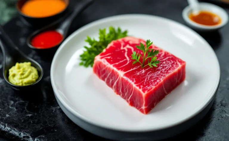 Thon rouge brillant accompagné de diverses sauces dans un plat.