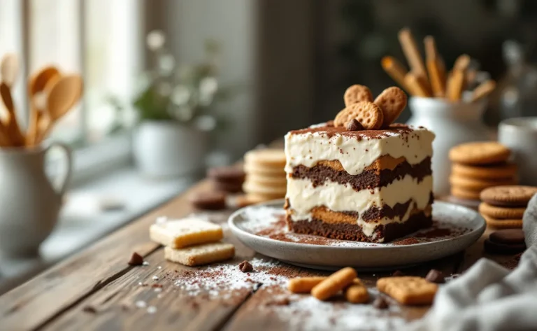 Un tiramisu crémeux surmonté de cacao est présenté sur une table en bois avec des alternatives de biscuits et de gâteaux exposées autour.