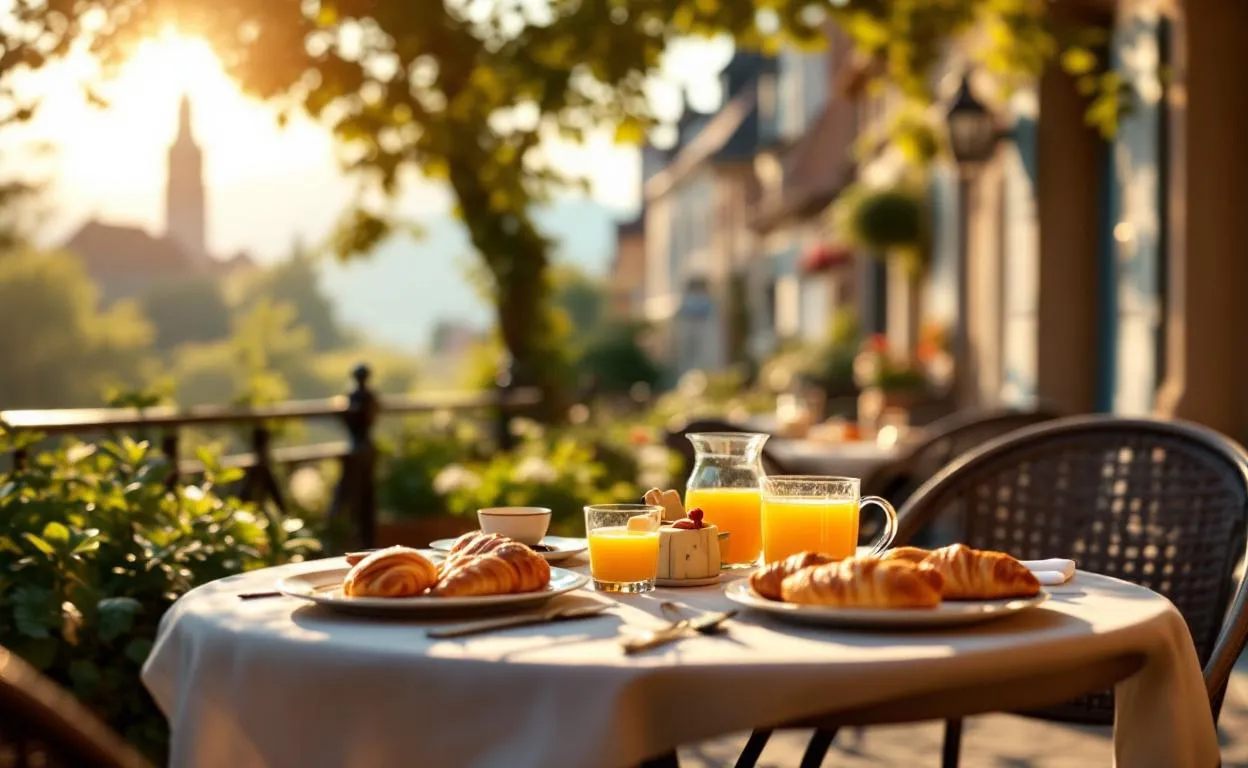 Table de café en plein air à Bourg-en-Bresse dressée pour un brunch avec viennoiseries, jus frais et spécialités locales, devant l’architecture historique en arrière-plan flou sous le soleil du matin.