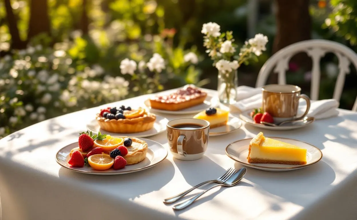 Table de brunch dressée en plein air à Levallois avec quatre assiettes de viennoiseries, fruits frais et café, éclairée par la lumière du matin à travers la verdure.