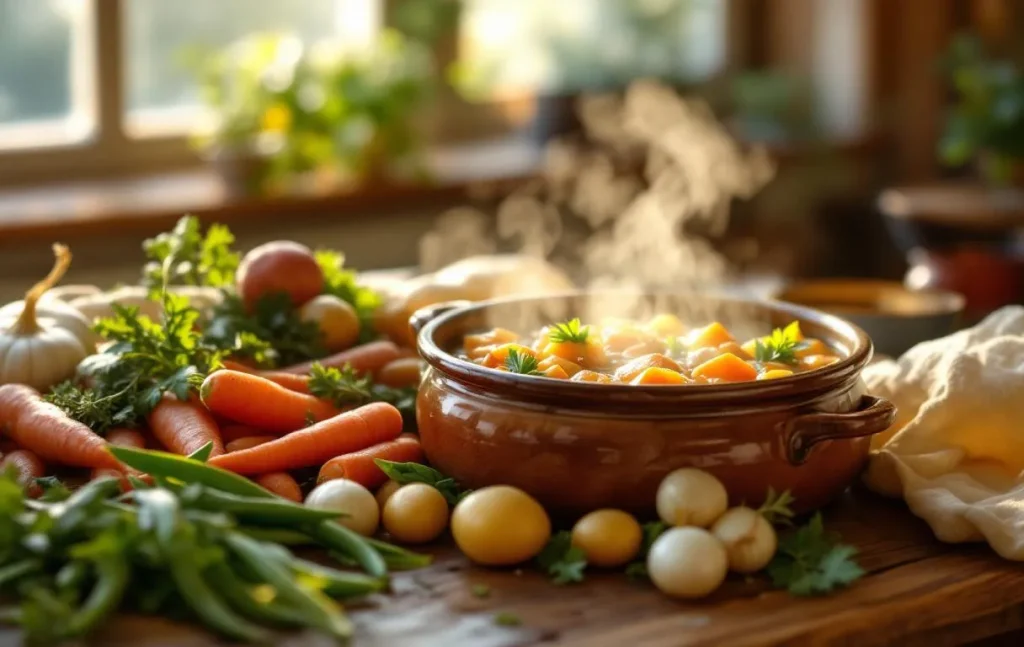 Un pot de carbonade flamande posé sur une table en bois, entouré de légumes frais variés dans une lumière dorée.