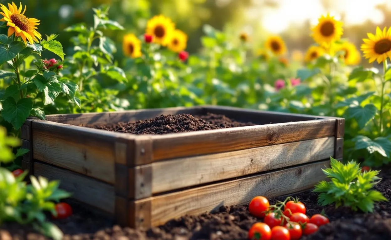 Un bac à compost en bois rempli de compost sombre, installé dans un jardin ensoleillé parmi des légumes et des fleurs.