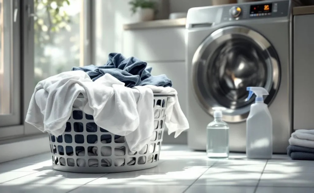 Panier à linge rempli de vêtements propres près d’un flacon de désinfectant et d’un lave-linge réglé sur basse température, dans une pièce lumineuse et paisible.