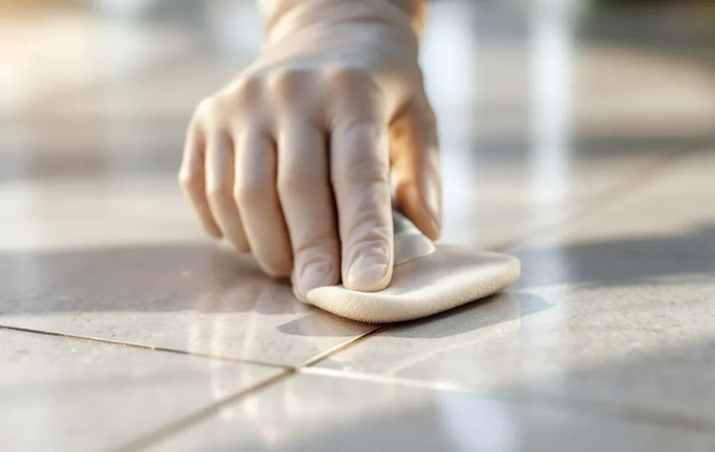 Une main polit délicatement une rayure sur un carrelage brillant éclairé par une lumière douce de l’après-midi.