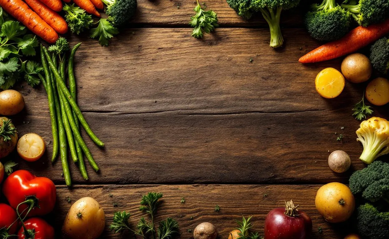 Saucisse de Montbéliard grillée sur une table en bois rustique, entourée de sept légumes cuits et colorés comme carottes, haricots verts, pommes de terre et brocolis.