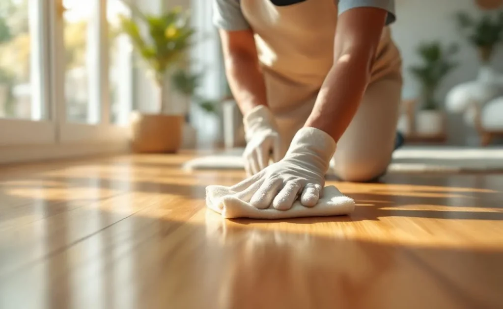 Une personne applique un soin nourrissant sur un parquet en bois à l’aide d’un chiffon doux, dans un salon baigné de lumière.