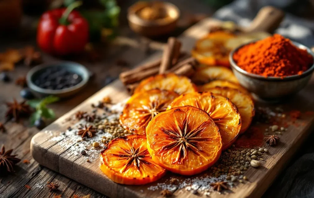 Tranches de potimarron rôties disposées sur une planche en bois, entourées d’épices variées comme cannelle, anis étoilé, cumin et paprika sous une lumière automnale.