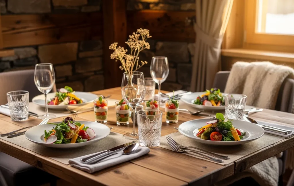 Une table élégamment dressée présente cinq entrées légères et colorées, dans un décor alpin rustique baigné de lumière naturelle.