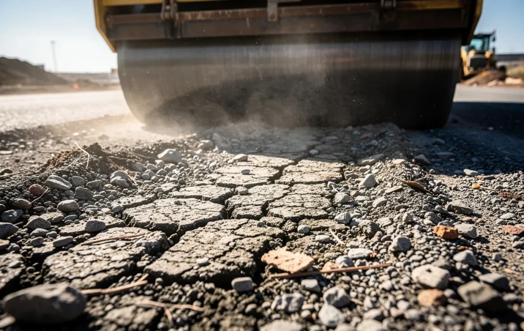 Gros plan sur une route en gravier compactée par un engin de chantier sous un fort ensoleillement, montrant les détails de la poussière et des pierres.