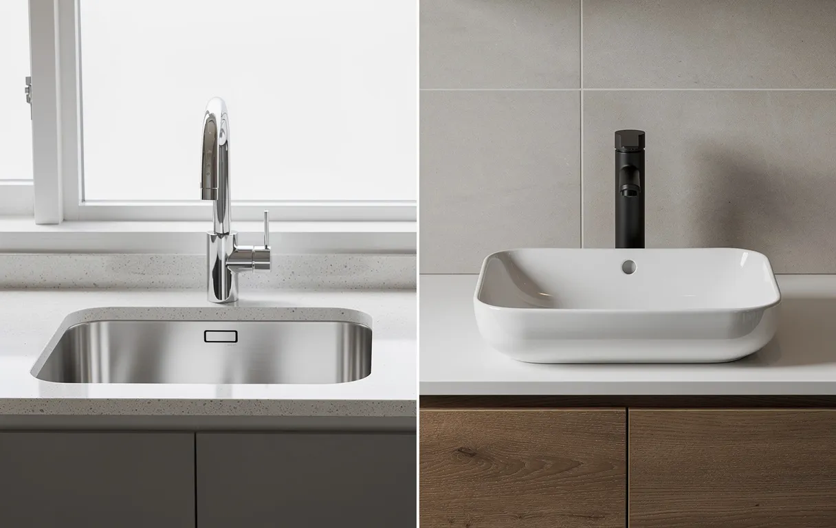 Un évier de cuisine moderne et un lavabo de salle de bain sont côte à côte sous une douce lumière naturelle, avec des reflets subtils sur leurs surfaces brillantes.