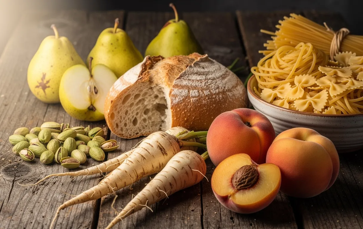 Un assortiment de pains, poires, pistaches, panais, pâtes et pêches disposés sur une table en bois avec une lumière naturelle douce.