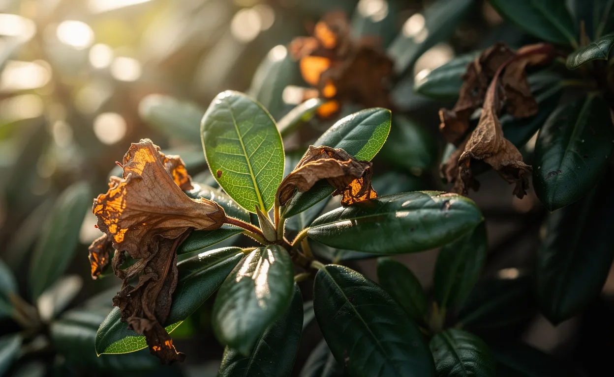 Un rhododendron en gros plan montre des feuilles vertes et d’autres brunies sous une lumière naturelle douce.