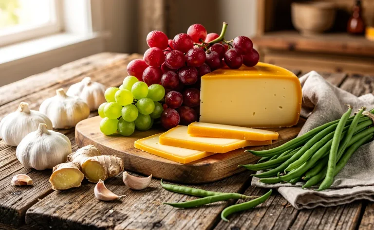Une table en bois présente des raisins, du gouda, de l’ail, du gingembre et des haricots verts sous une lumière naturelle.