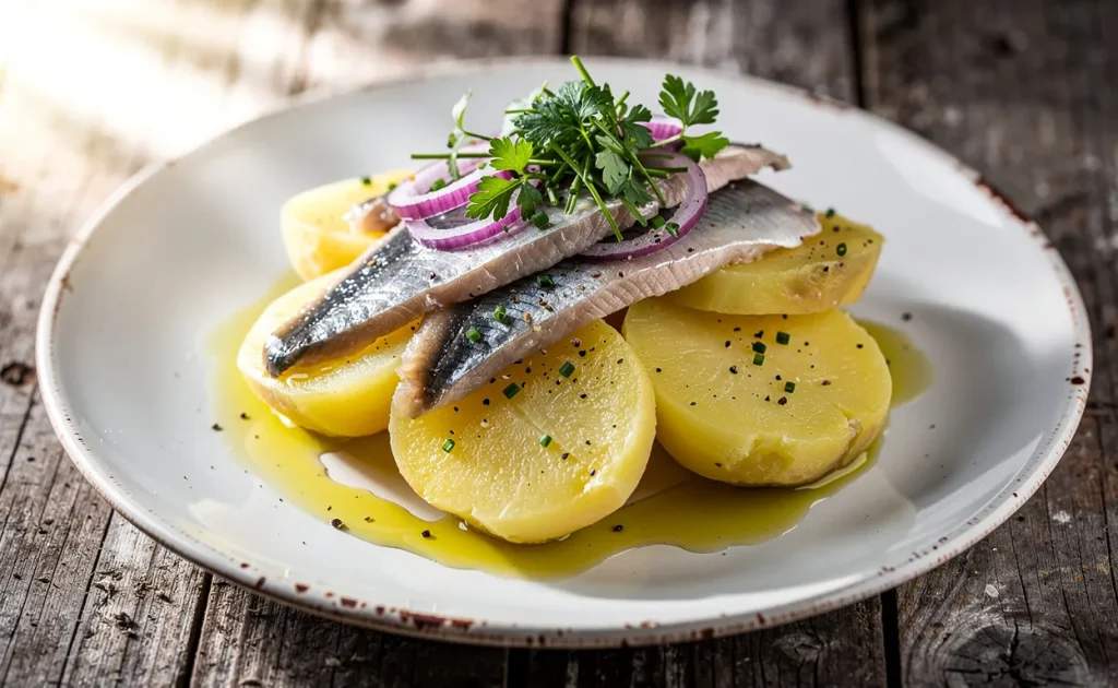 Assiette de harengs tranchés sur pommes de terre nappées d’huile, accompagnée d’oignons rouges et herbes fraîches sur une table en bois éclairée naturellement.