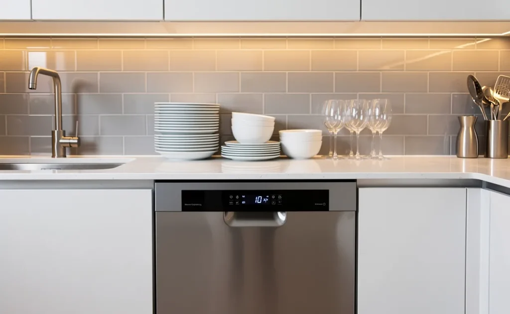 Un lave-vaisselle en acier inoxydable avec un affichage digital lumineux fonctionne dans une cuisine moderne aux plans de travail réfléchissants, entouré de vaisselle empilée.