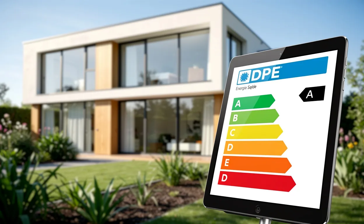 Façade d’une maison moderne éclairée par la lumière du jour avec une tablette affichant des étiquettes colorées de performance énergétique DPE au premier plan.