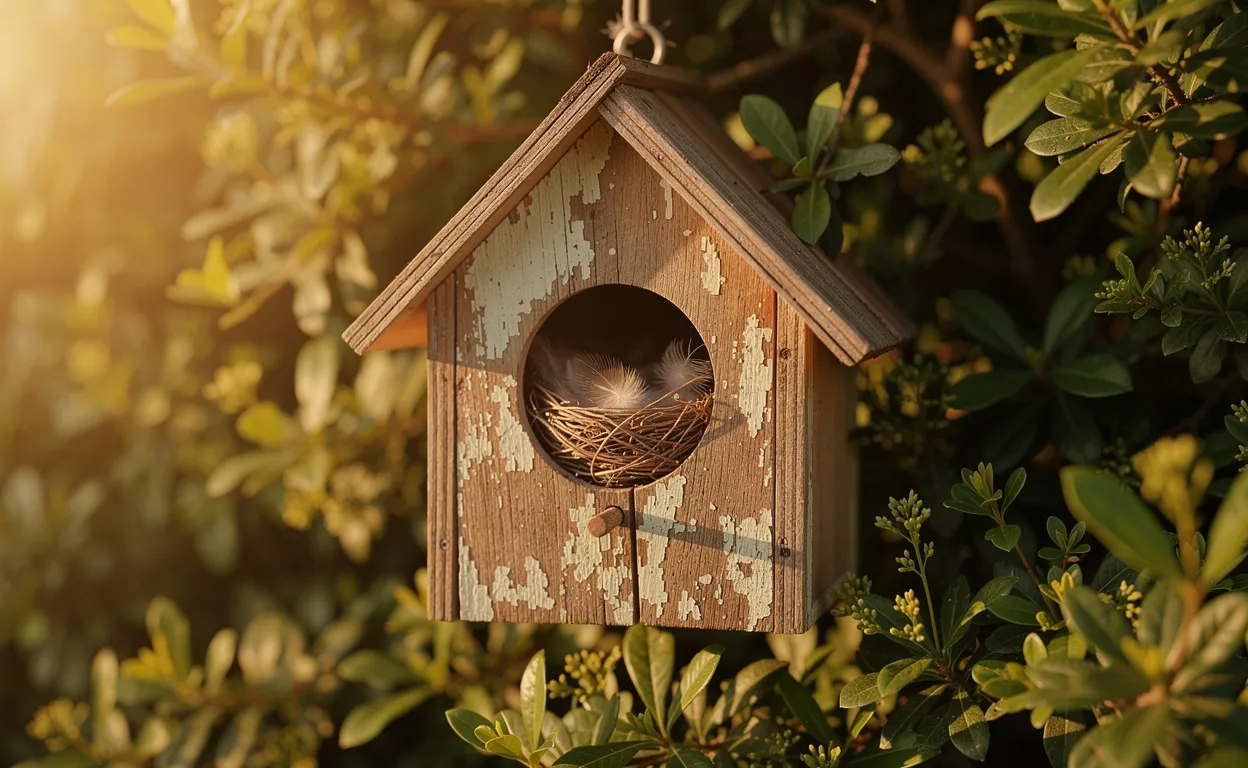 Un nichoir patiné avec un nid de brindilles et de plumes, éclairé par une lumière dorée et entouré de feuillage vert.